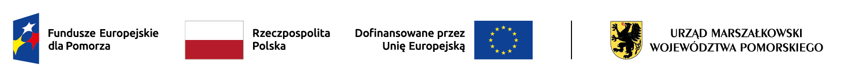 od lewiej strony napisy: Fundusze Europejskie dla Pomorza, Rzaczpospolita Polska, Dofinansowane przez Unię Europejską, Urząd Marszałkowski Województwa Pomorskiego
